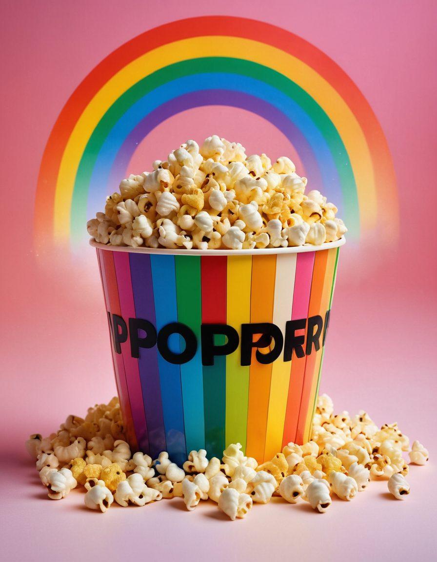 A vibrant film strip showcasing iconic LGBTQ+ movie scenes, radiating an array of rainbow colors. At the center, a stylish popcorn bucket adorned with rainbow patterns, surrounded by various film reels and clapperboards. The background features a soft glowing rainbow gradient, symbolizing diversity and inclusion in cinema. Ideal for cinephiles seeking a colorful cinematic journey. super-realistic. vibrant colors. white background.