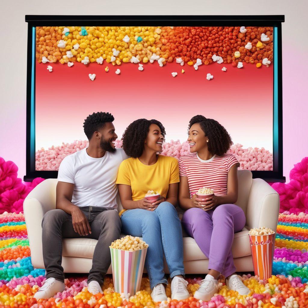 A vibrant cinema scene featuring diverse couples happily watching a movie on a large screen surrounded by rainbow colors and film reels. Include elements like popcorn, movie tickets, and hearts to emphasize joy and inclusivity. Set the atmosphere to be warm and inviting, capturing the essence of community and love for LGBTQ+ cinema. super-realistic. vibrant colors. white background.